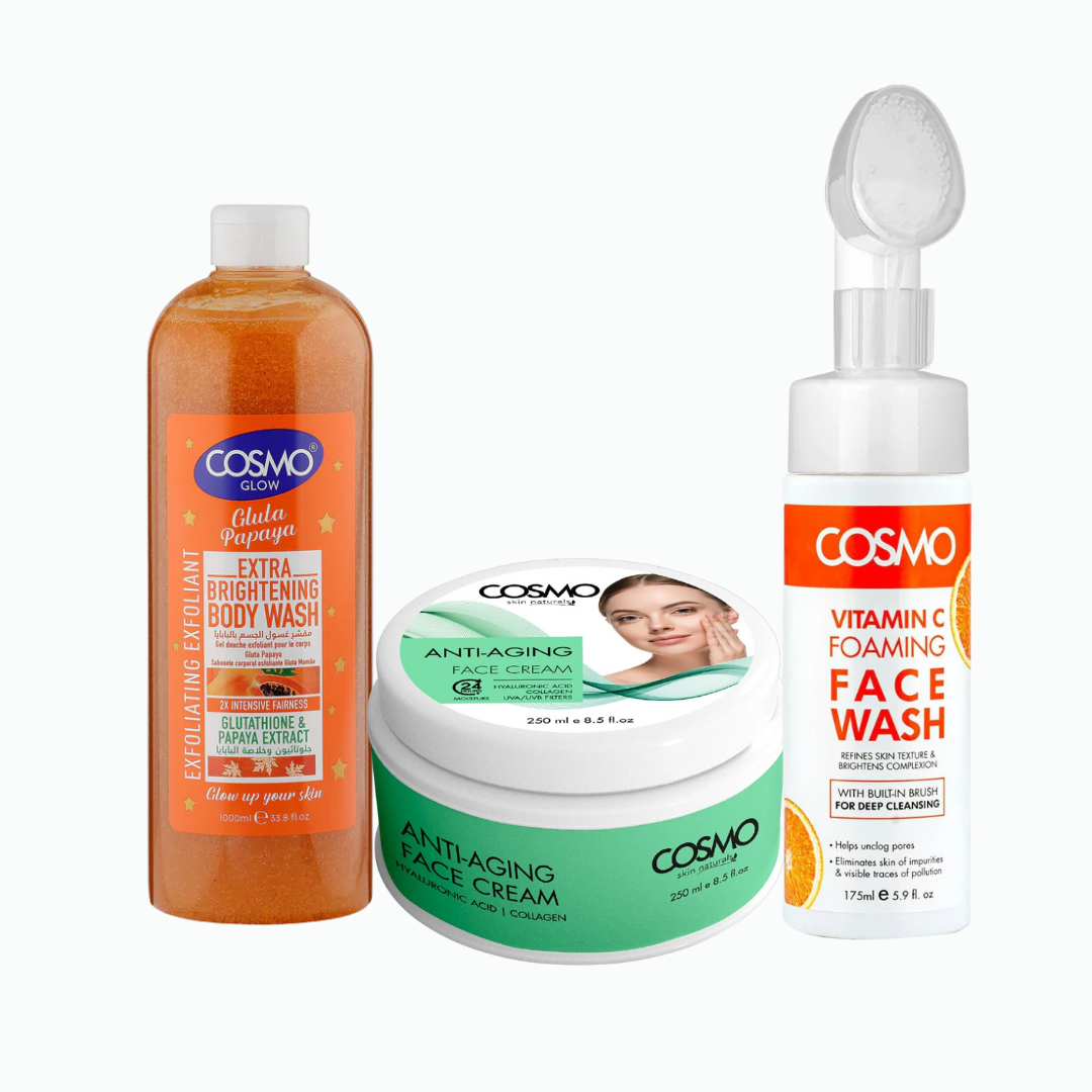 Cosmo Glow White Gluta Papaya Extra Brightening Exfoliating Body Wash+VitaminC Foaming Face Wash +Anti Aging Face Cream