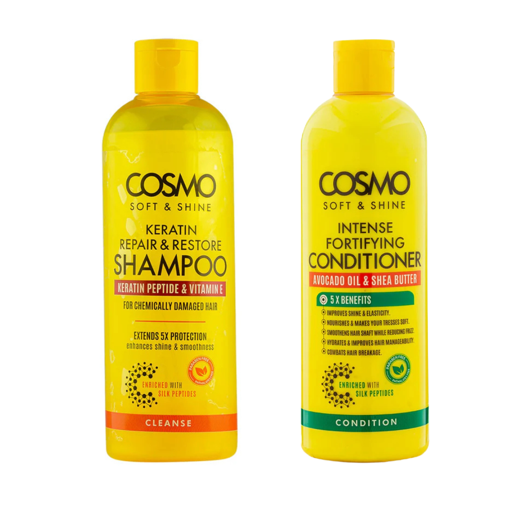Cosmo Soft & Shine Keratin Repair Restore Shampoo +  Intense Fortifying Avocado Oil Conditioner 480ml